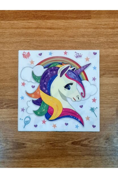 Unicorn Boynuzlu At Gökkuşağı Yıldız Desenli Renkli Baskılı Kağıt Peçete 32x32 cm