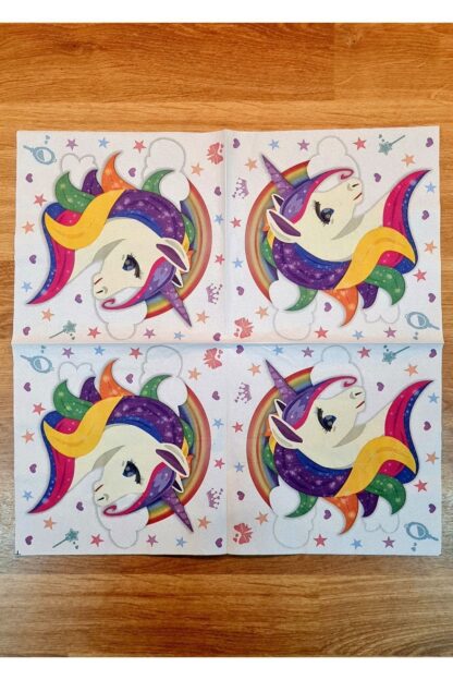 Unicorn Boynuzlu At Gökkuşağı Yıldız Desenli Renkli Baskılı Kağıt Peçete 32x32 cm - Görsel 2