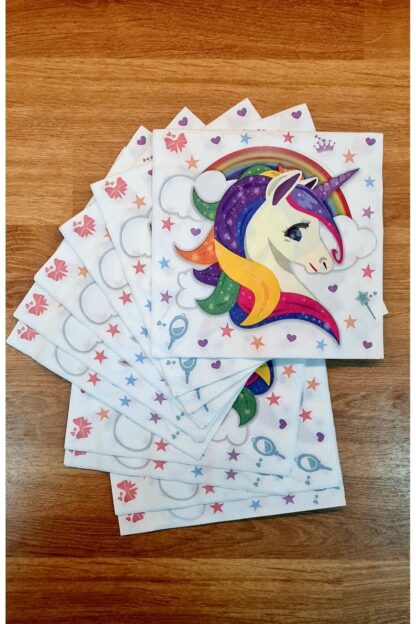 Unicorn Boynuzlu At Gökkuşağı Yıldız Desenli Renkli Baskılı Kağıt Peçete 32x32 cm - Görsel 3