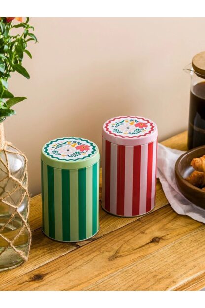 Çiçek Baskılı Metal Kurabiye Saklama Kabı 2'li 2 x 800ml Yeşil ve Kırmızı