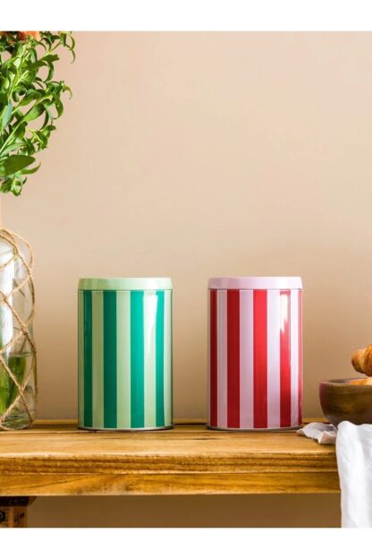 Çiçek Baskılı Metal Kurabiye Saklama Kabı 2'li 2 x 800ml Yeşil ve Kırmızı - Görsel 2