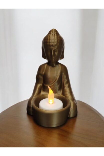 Alev Efektli Titreyen Led Mumlu Budha Modern Dekoratif Mumluk Şamdan Bronz - Görsel 2
