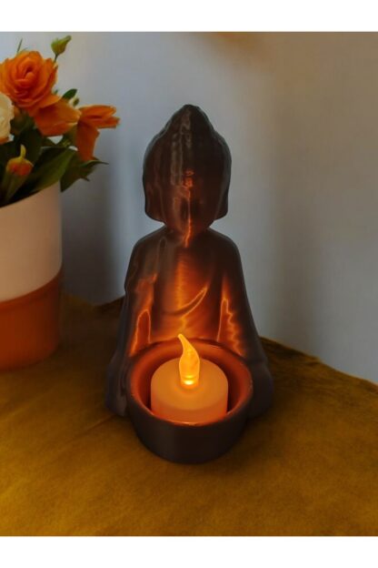 Alev Efektli Titreyen Led Mumlu Budha Modern Dekoratif Mumluk Şamdan Bronz - Görsel 3