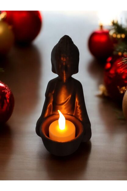 Alev Efektli Titreyen Led Mumlu Budha Modern Dekoratif Mumluk Şamdan Bronz - Görsel 4