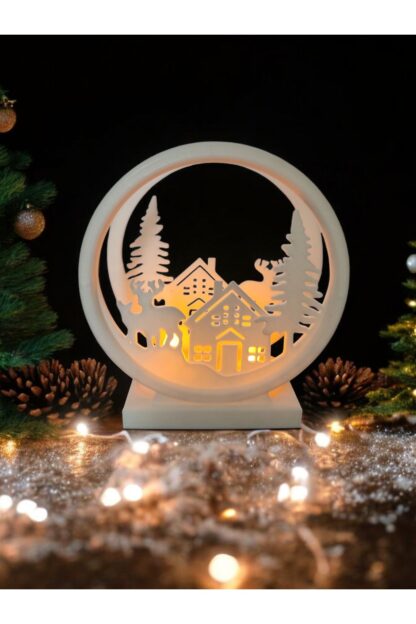 Alev Efektli Titreyen Led Mumlu Yılbaşı Köyü Süsü Noel Çam Ağacı Beyaz