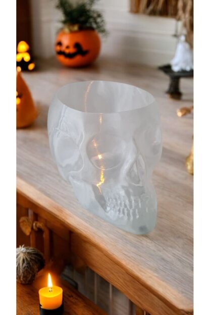 Halloween Cadılar Bayramı Süsü Led Mumlu Kuru Kafa Skull Kase Obje Yarı Saydam - Görsel 3