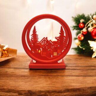 Led Mumlu Yılbaşı Köyü Süsü Noel Çam Ağacı Dekoratif Obje Kırmızı