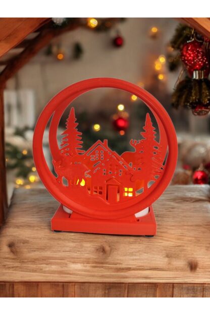 Led Mumlu Yılbaşı Köyü Süsü Noel Çam Ağacı Dekoratif Obje Kırmızı - Görsel 3