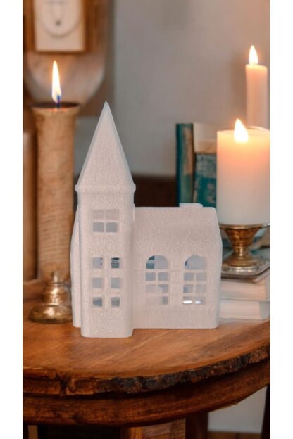 Yılbaşı Temalı Işıklı Kale Alev Efektli Led Mum Işıklı Saat Kulesi Kilise Mini Ev Biblo