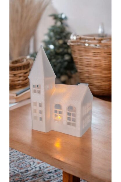 Yılbaşı Temalı Işıklı Kale Alev Efektli Led Mum Işıklı Saat Kulesi Kilise Mini Ev Biblo - Görsel 2